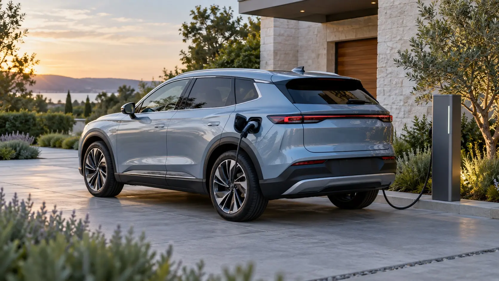 A silver-blue electric crossover connected to a home charger in evening light.