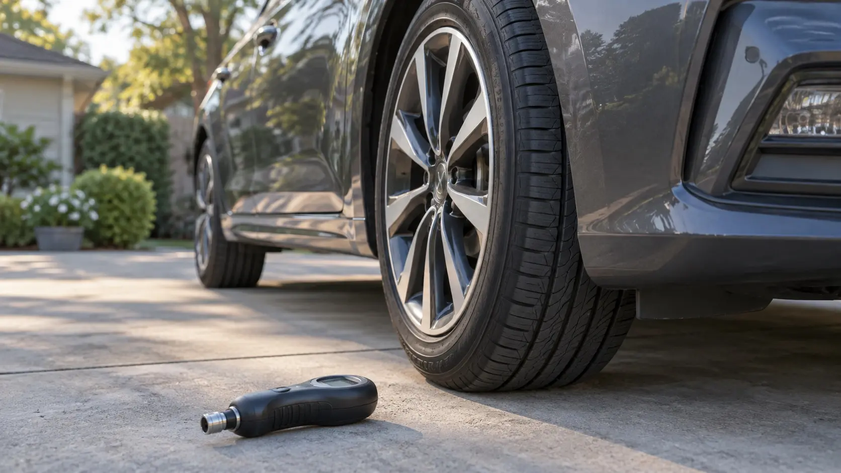 Close-up of a parked car tire with a pressure gauge resting on the driveway.