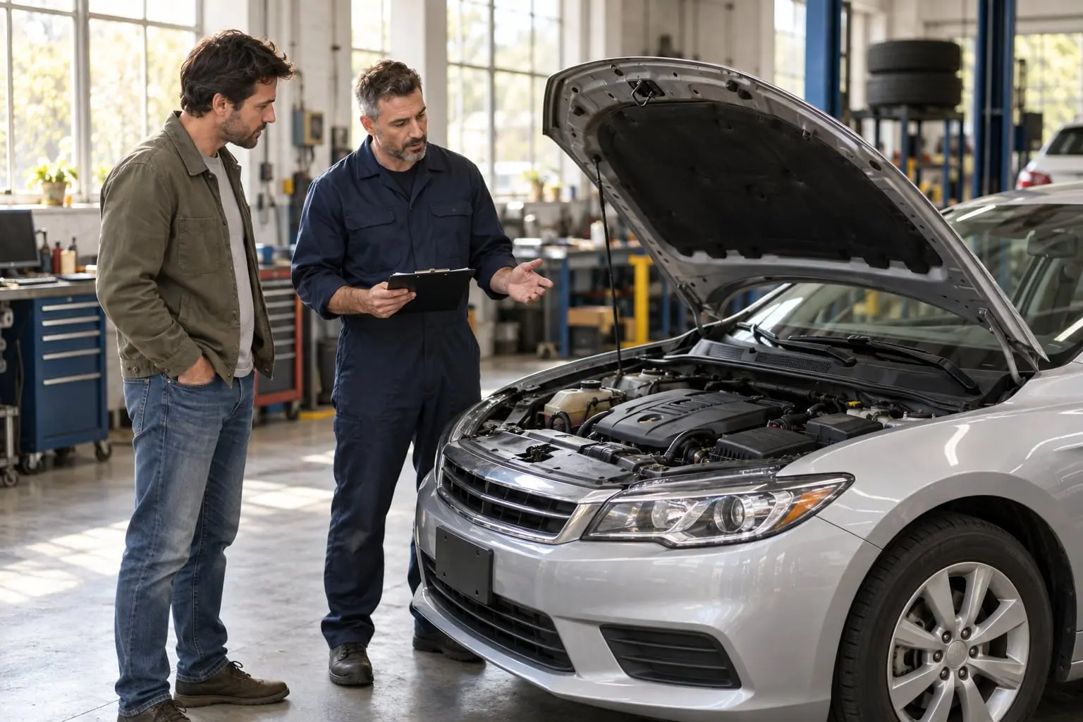 An independent technician explaining inspection observations to a prospective buyer beside an open car hood.