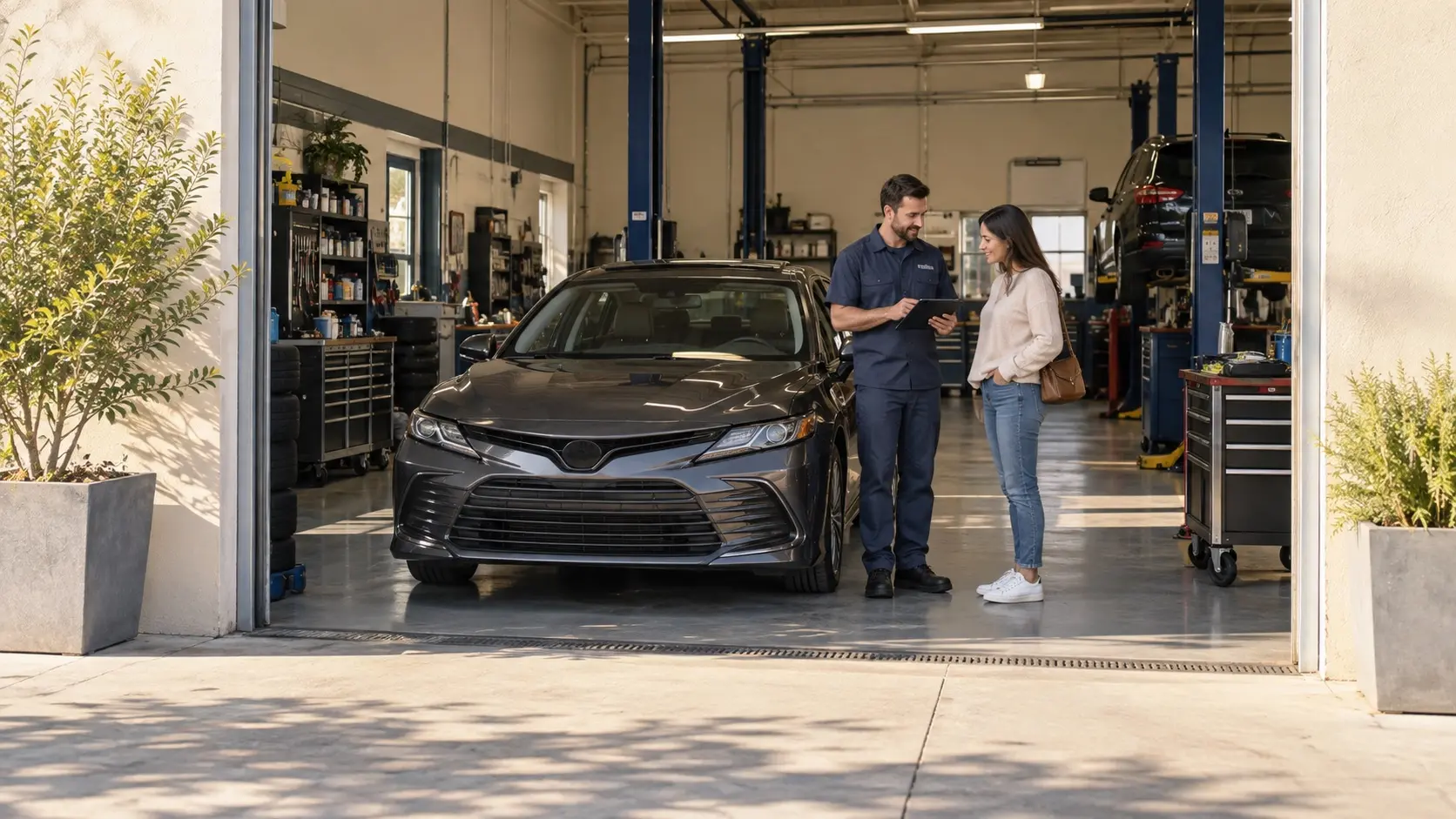 A service adviser and a customer talking beside a car in a sunlit workshop.