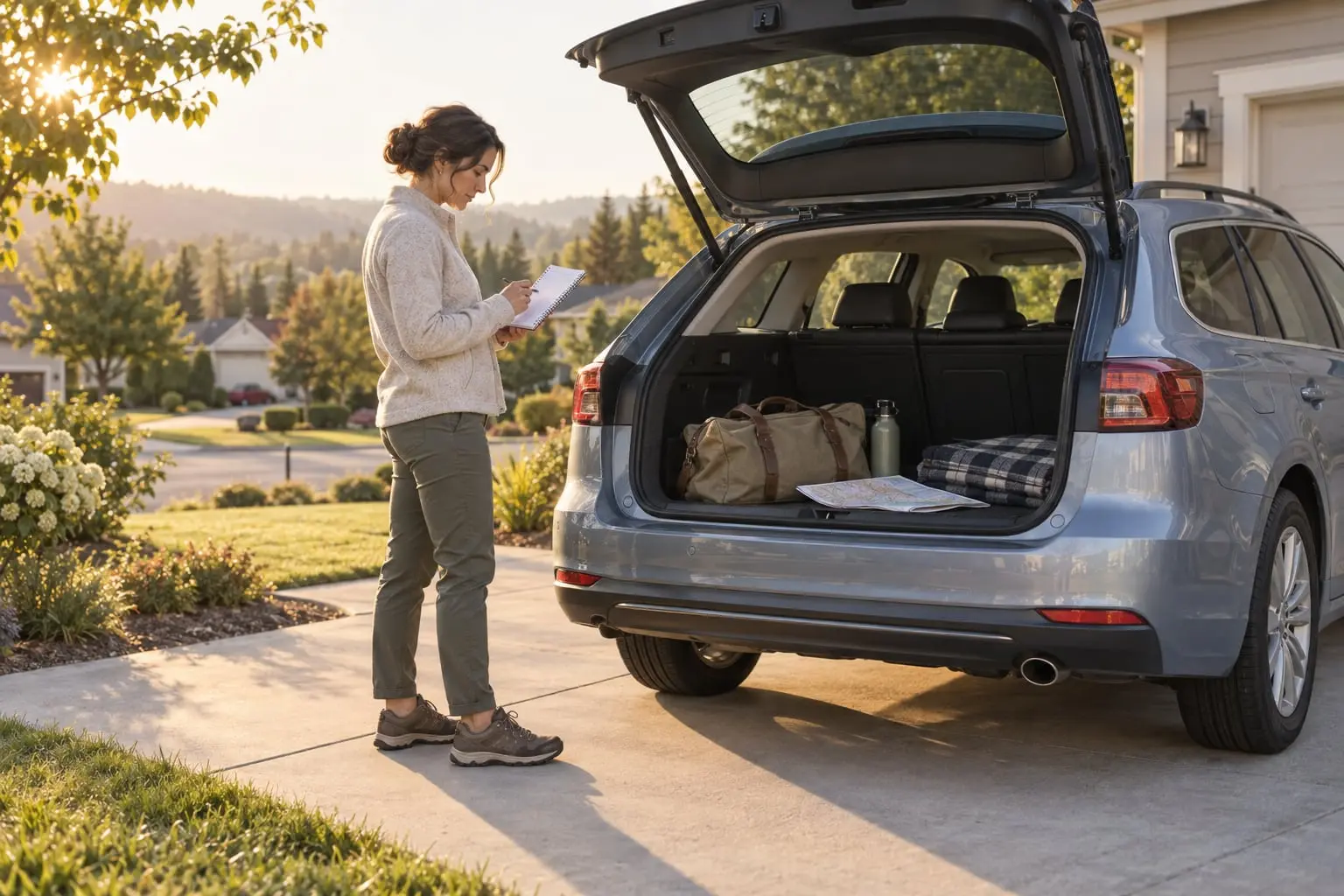 A driver reviewing a checklist beside a parked wagon with its rear hatch open and a weekend bag inside.