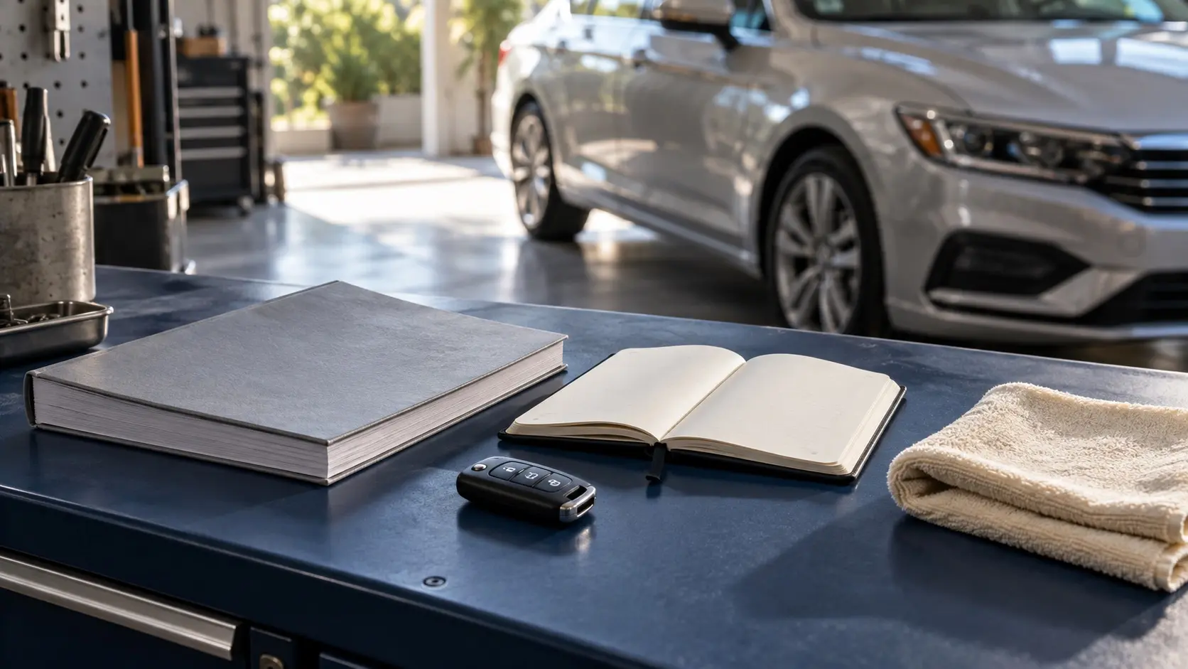 An open notebook, owner manual and car keys on a workbench beside a parked car.