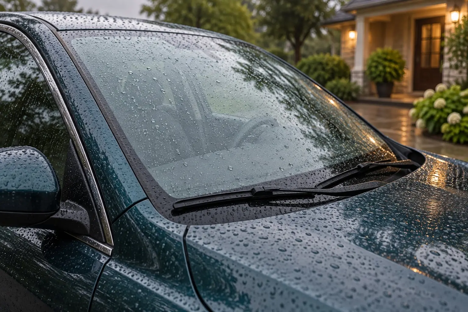 Raindrops on the windshield of a parked teal car with its wiper resting against the glass.